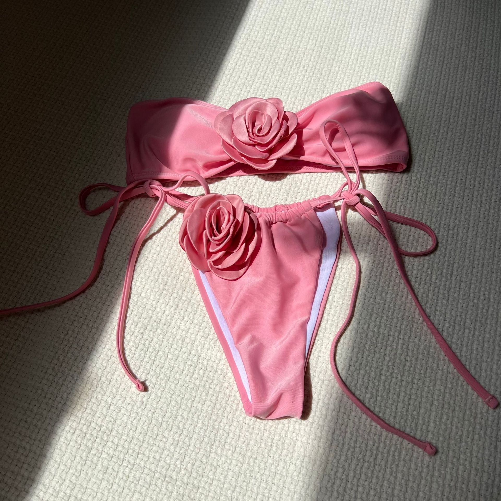 Solid Color Rose Tube Top Drawstring Strap Split Swimsuit Bikini