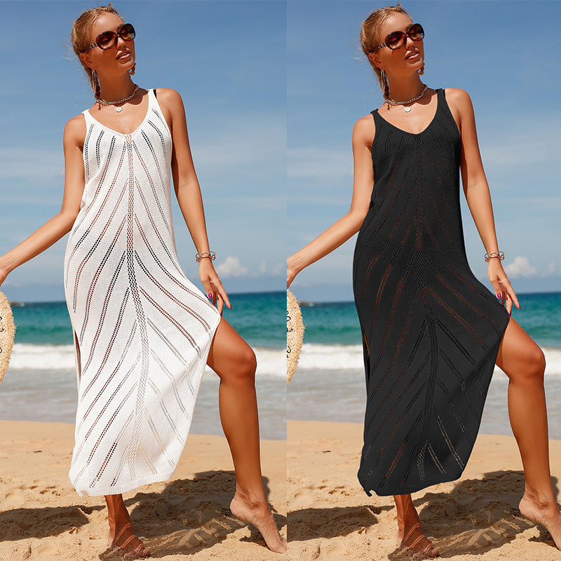 Travel Vacation Sexy Backless V-neck Solid Color Breathable Knitted Slit Maxi Dress Beach Sun Protection Blouse Crochet hook