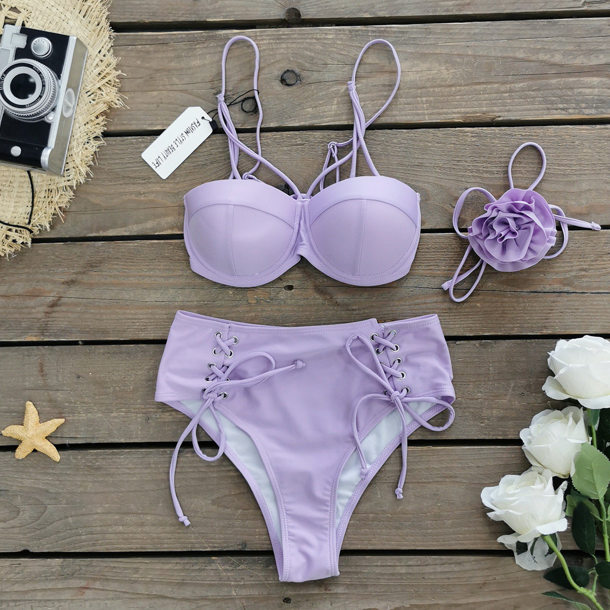 Solid Color Lace up Tube Top High Waist Bikini Skirt Three Piece Set Split Swimsuit for Women