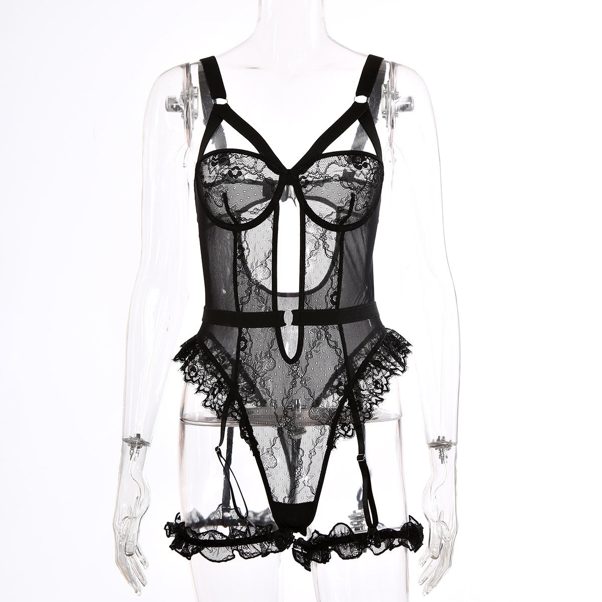 Sexy Lace Lace Cutout See through Sling One Piece Sexy Lingerie Jumpsuit with Leg Ring