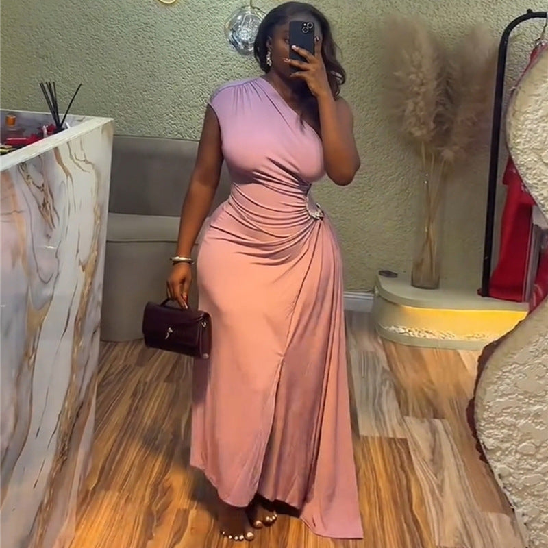 Women Clothing Summer Elegant Diagonal Collar Pleated Diamond Waist Tight Irregular Asymmetric Maxi Dress