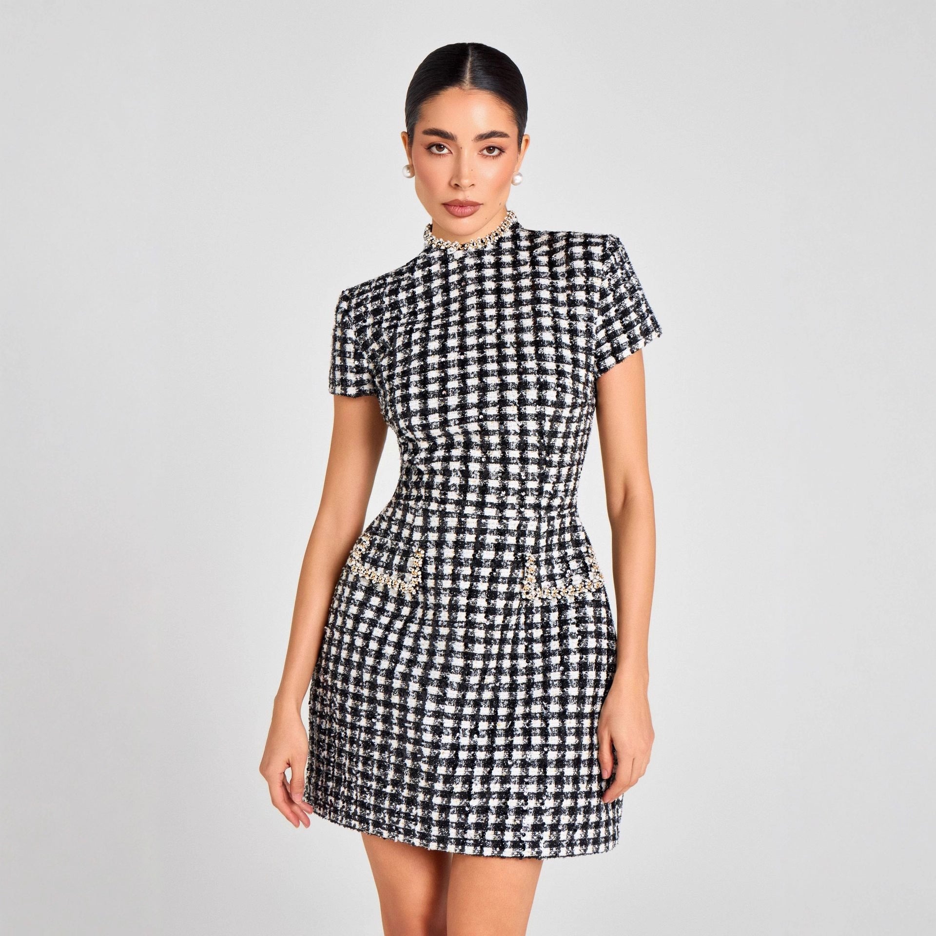 Elegant Slim Fit Slimming round Neck Beaded Plaid Classic Mini Dress Women