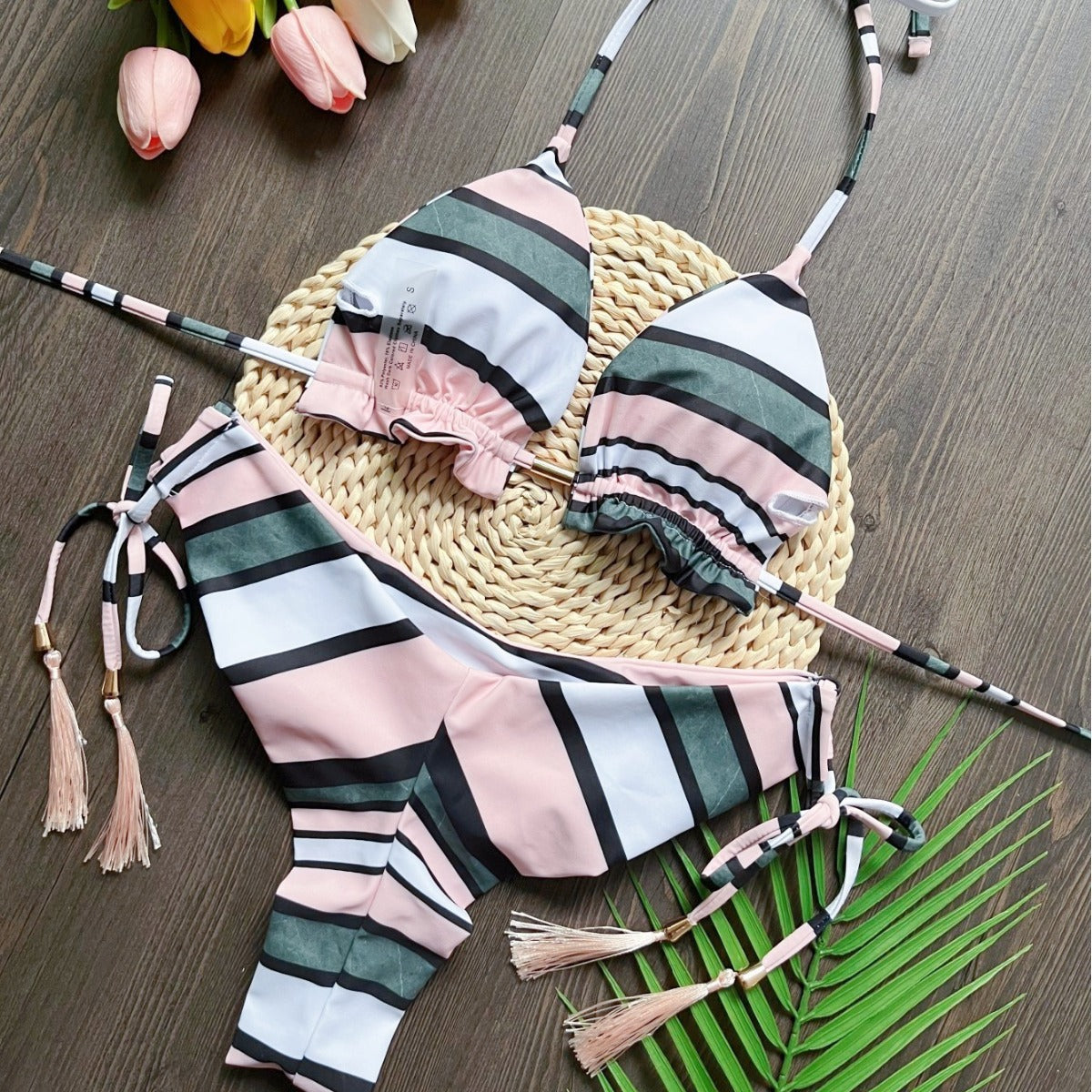 Printed Split Bikini Swimsuit Sexy Braid Rope Triangle Women Swimsuit Swimming Set