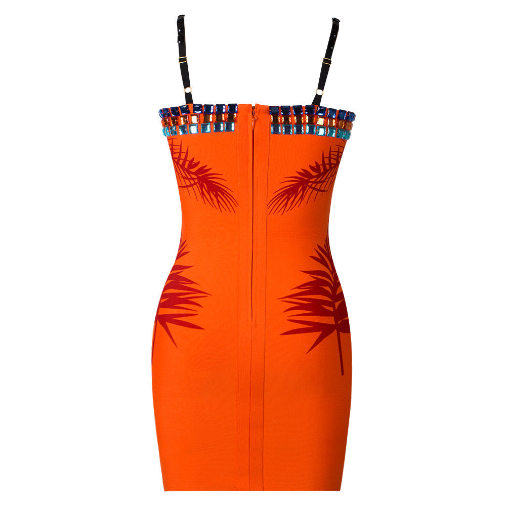 Star Sexy Heavy Industry Beads Printed Mesh V neck Strap Tube Top Backless Bandage One Piece Dress