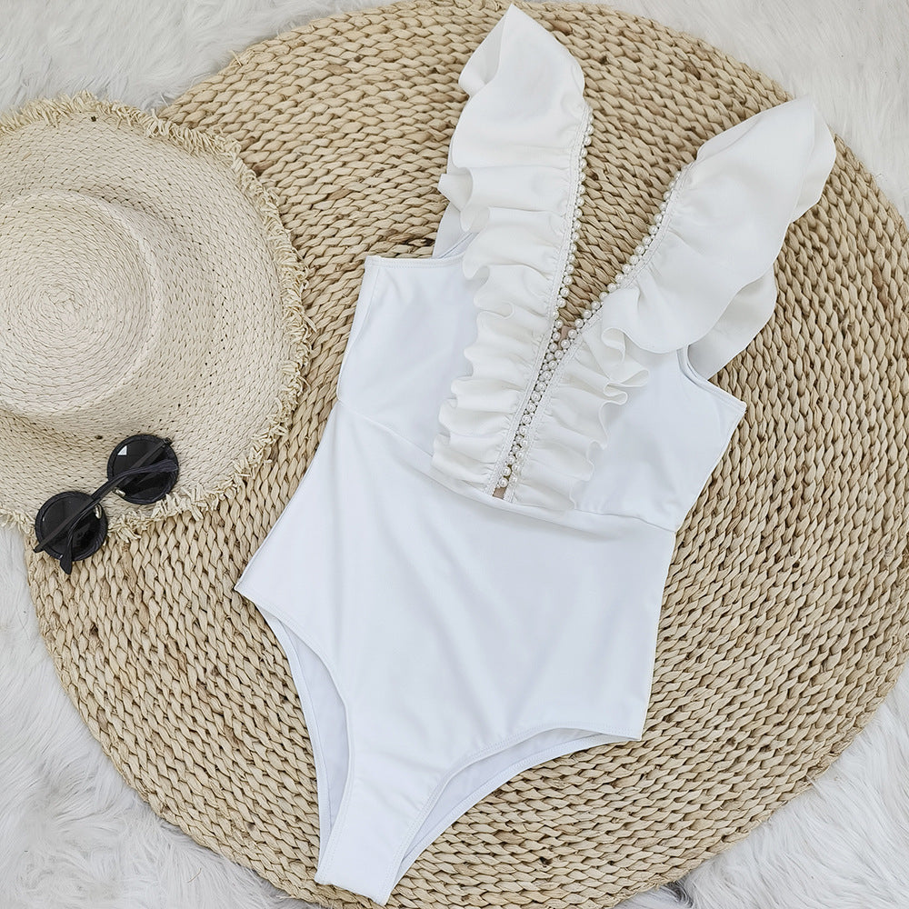 One Piece Solid Color Swimsuit Women Deep V Plunge High Waist One Piece Swimsuit