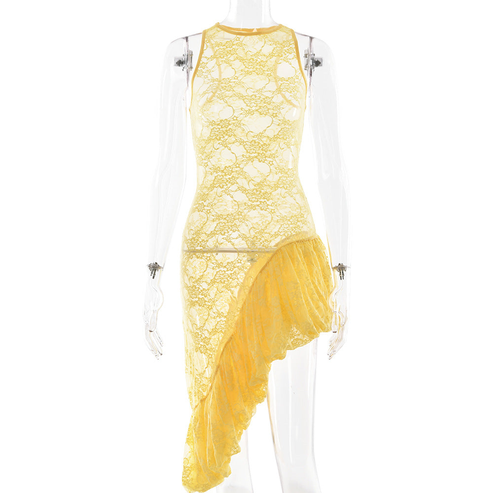 Sleeveless round Neck Dress Summer Sexy Lace See through Irregular Asymmetric Maxi Dress Women