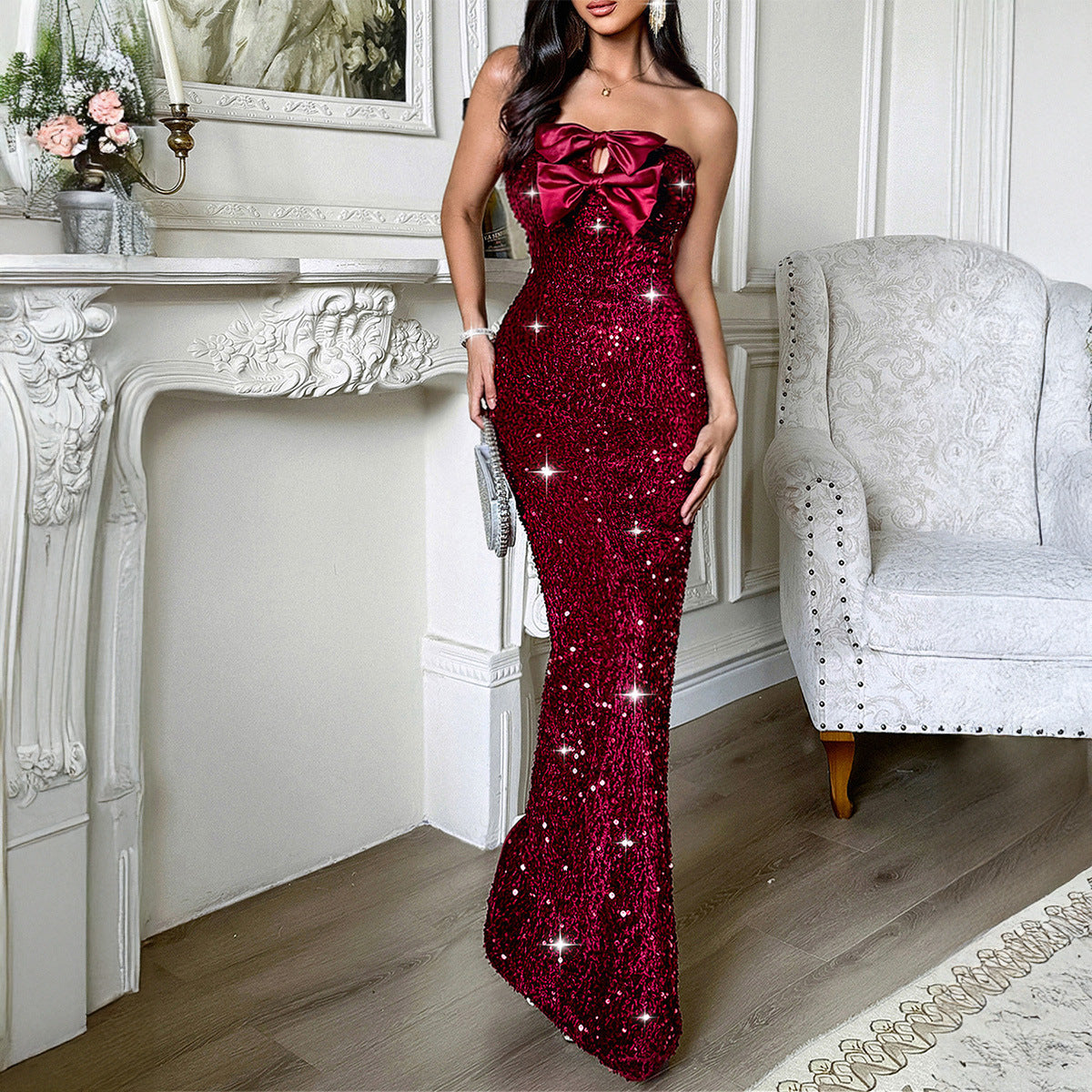 Women Elegant Evening Dress Tube Top Sexy Maxi Dress