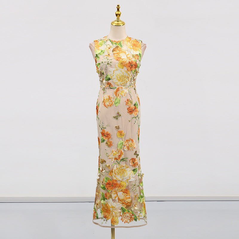 Heavy Industry High Sense Dress Color Embroidery Three Dimensional Floral Slim Fit Figure Flattering Maxi Dress