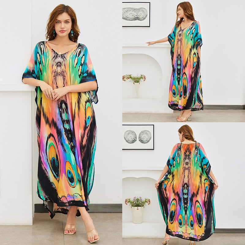 Rayon Printed Loose plus Size Robe Beach Cover up Vacation Maxi Dress Sun Protection Shirt Women