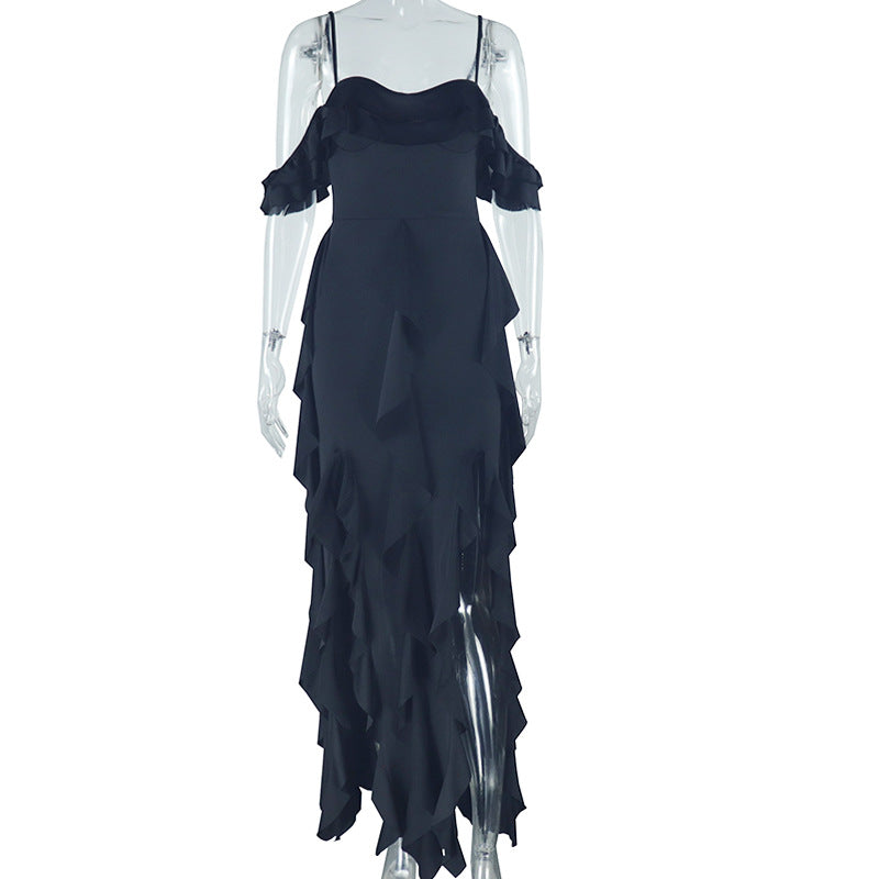 Women Clothing Solid Color Dress Sexy Spaghetti Straps Sleeveless Ruffled Irregular Asymmetric Maxi Dress