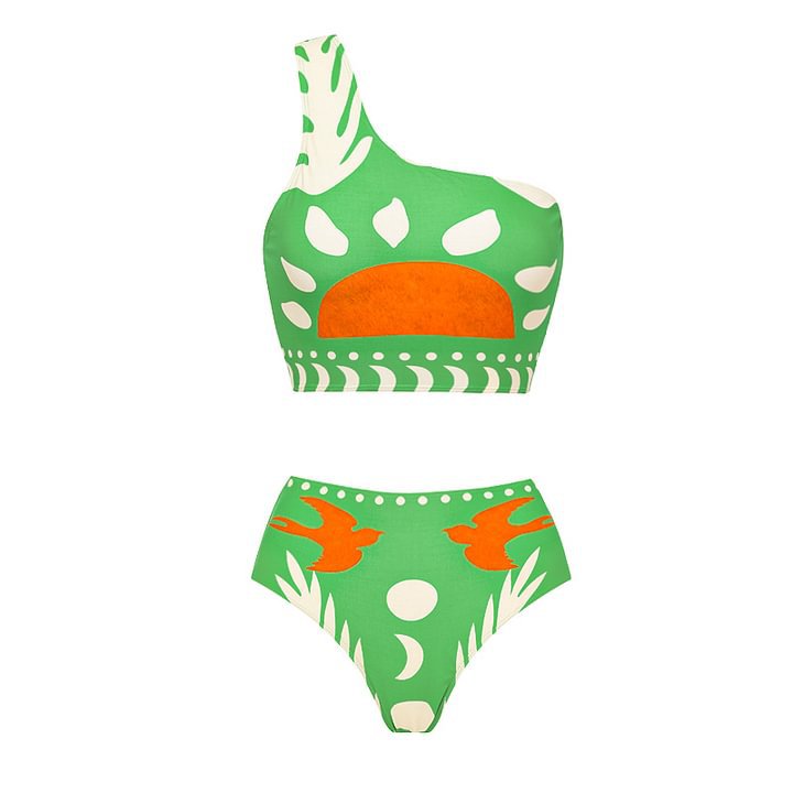 Shoulder Slimming Printed Swimsuit Women High Waist Bikini