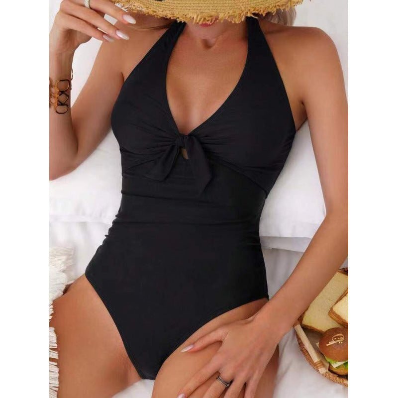One Piece Solid Color Swimsuit Women Sexy Bikini Bikini Solid Color Tied Swimsuit
