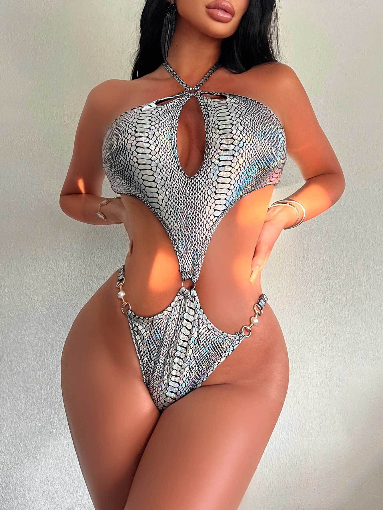 One Piece Hollow Out Cutout Sexy Pearl Buckle Halter Women Swimsuit Bikini One Piece Swimsuit