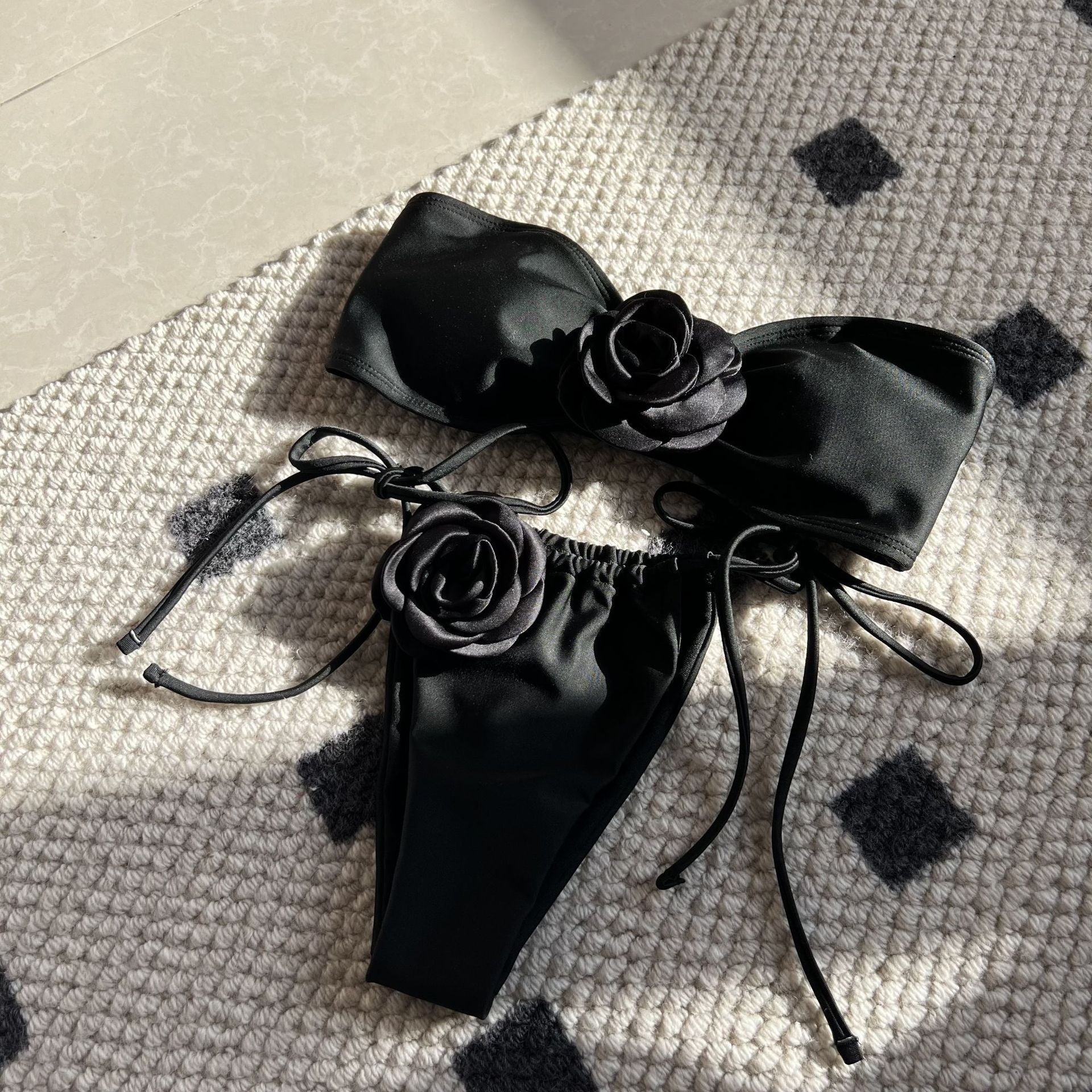 Solid Color Rose Tube Top Drawstring Strap Split Swimsuit Bikini