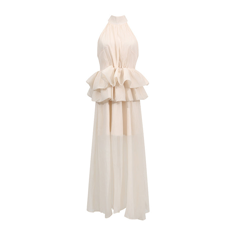 Elegant Wedding Dress Series Women Summer Turtleneck Sleeveless Waist Ruffled Maxi Dress