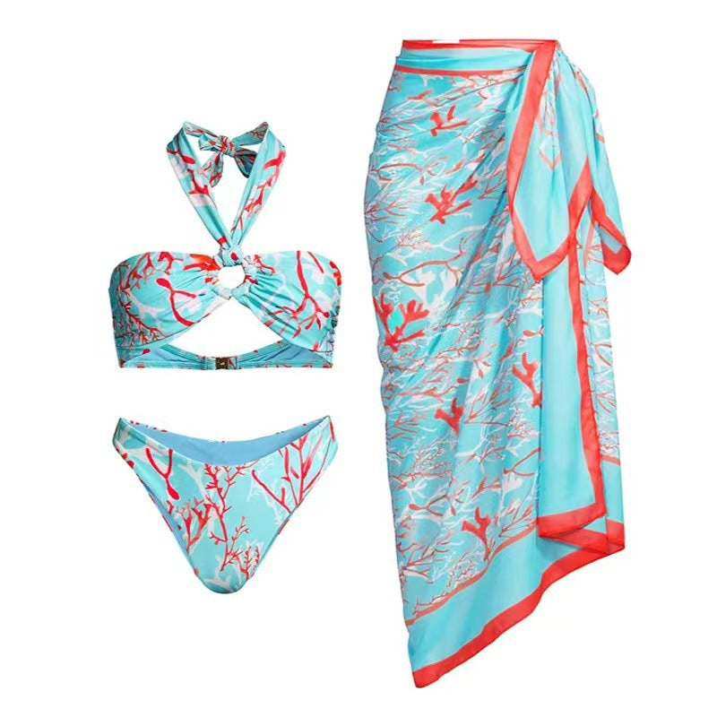 Bikini Halter Sexy Print Gauze Skirt Split Swimsuit Three Piece Set
