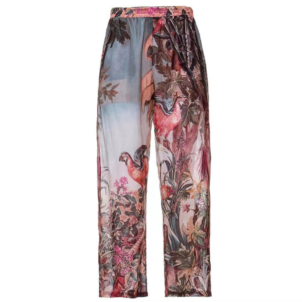 Spring One Piece Swimsuit Sexy Print Mesh High Waist Trousers Bikini