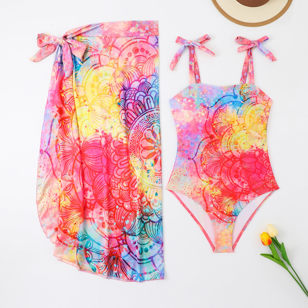 Two Piece Set Swimsuit Multi Color Printed Mesh Maxi Dress Conservative Women Swimsuit