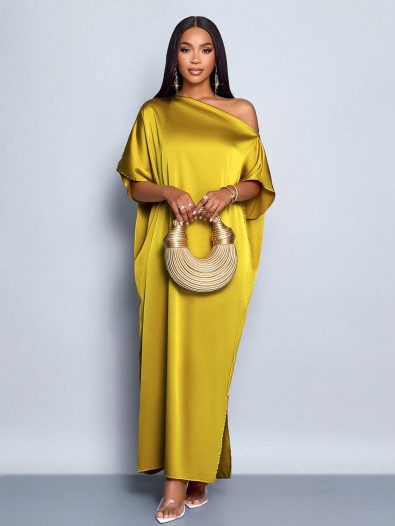 Women Clothing Early Autumn Satin Dress Yellow Satin Maxi Dress