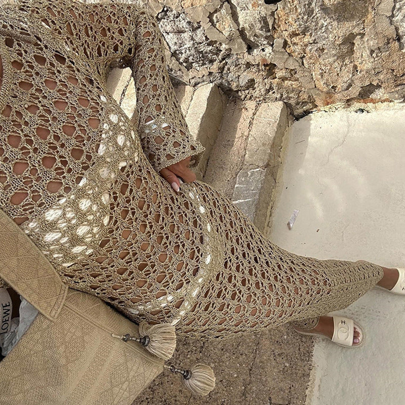 Women Clothes Sexy Hollow Out Cutout Long Sleeved round Neck Maxi Dress Holiday Beach Overskirt Crochet hook