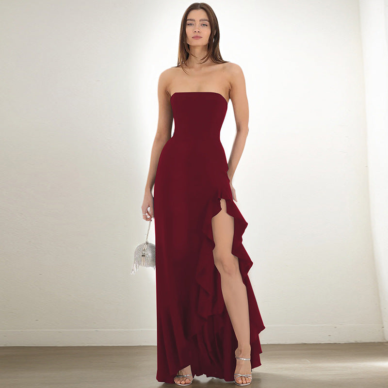 Women Clothing Summer Solid Color Sexy Split Maxi Dress Tube Top Dress Women