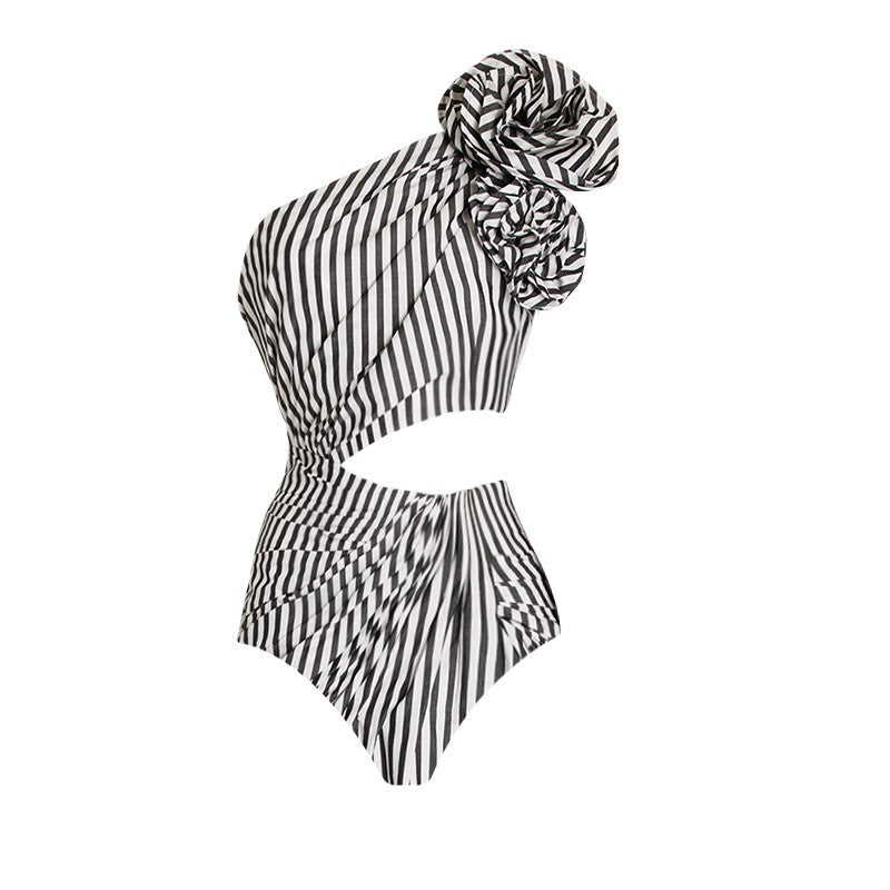 Sexy One Piece Swimsuit Women Pleated Ruffled Striped Swimsuit Bikini Mesh Maxi Dress