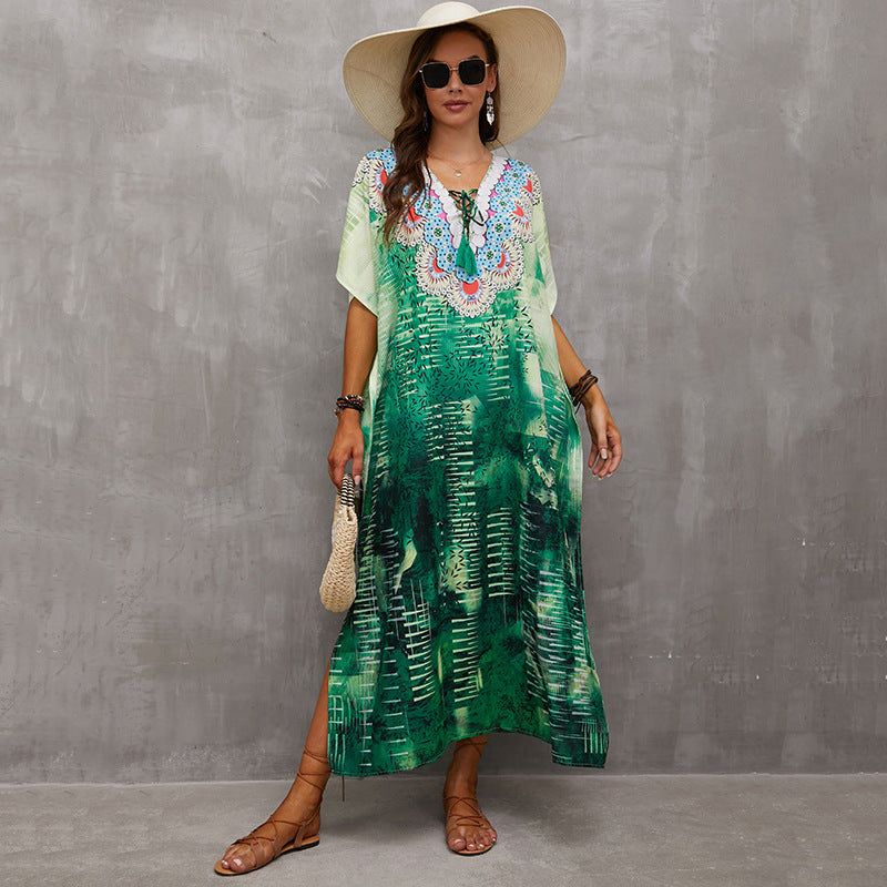 Rope Positioning Maxi Dress Loose Robe Seaside Vacation Beach Dress Bikini Swimsuit Blouse Women