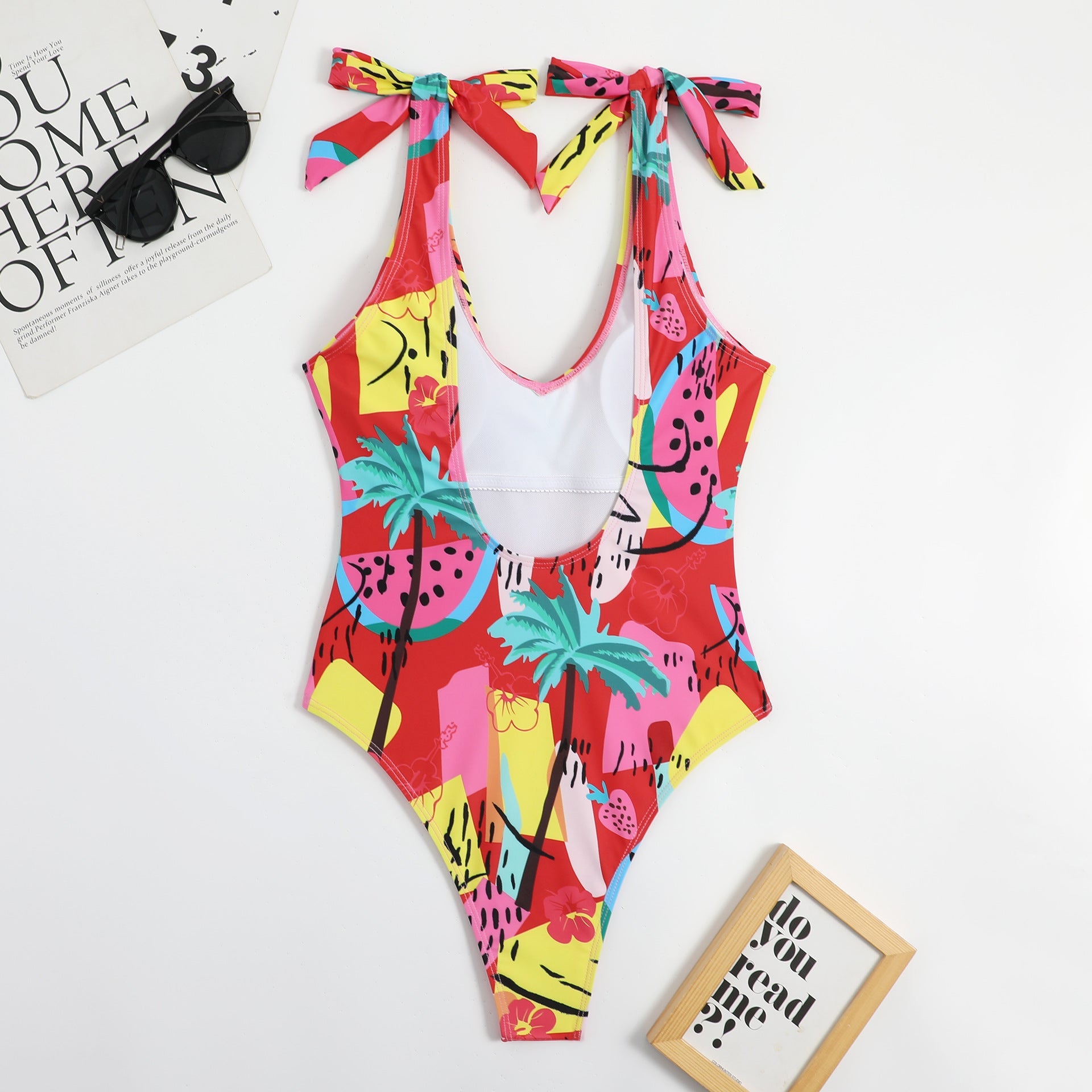Multi Color Printed Heart Collar Bow Ladies Triangle One Piece Beauty Back Sexy Swimsuit Bikini