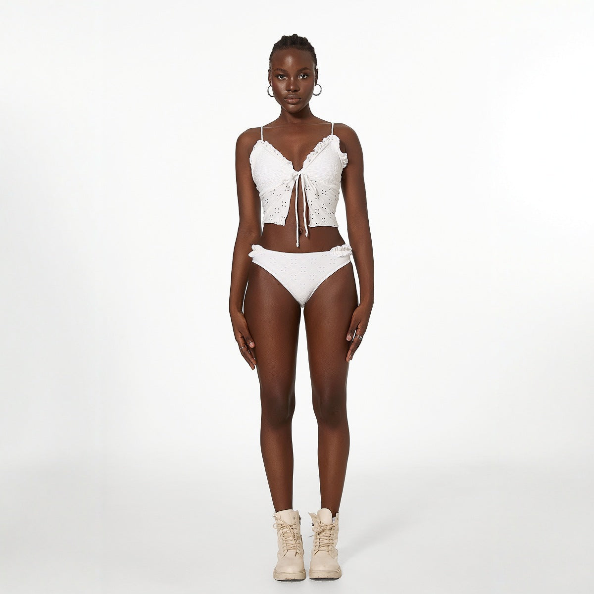 Bikini Swimsuit Tube Top Split Lace up Solid Color Lace Bikini Swimsuit