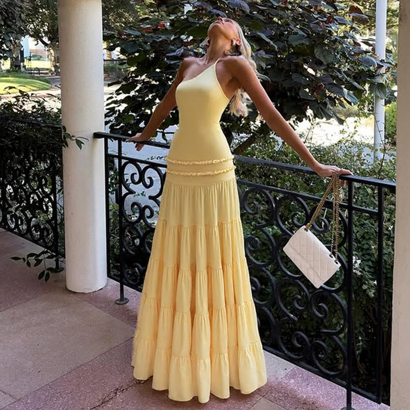 Sexy Hollow Out Cutout out Backless Stitching Tied One Shoulder Pleated Multi Layer Maxi Dress Women