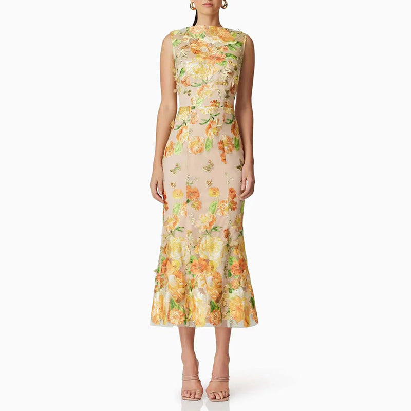 Heavy Industry High Sense Dress Color Embroidery Three Dimensional Floral Slim Fit Figure Flattering Maxi Dress