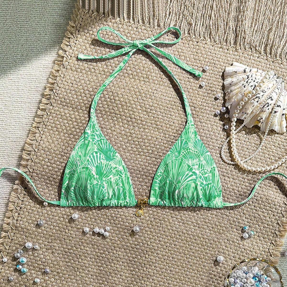 Swimwear Scallop Printed Bikini Sexy Lace up Bikini Women Fresh Split Swimsuit