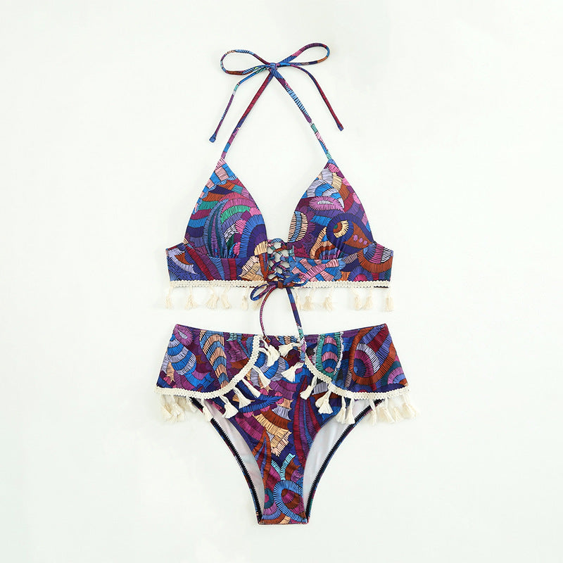 Printed Brazilian Ethnic Halter Lace up Tassel Bikini Women Swimsuit