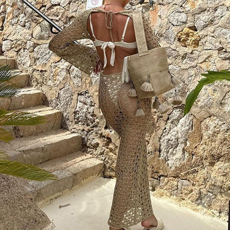 Women Clothes Sexy Hollow Out Cutout Long Sleeved round Neck Maxi Dress Holiday Beach Overskirt Crochet hook