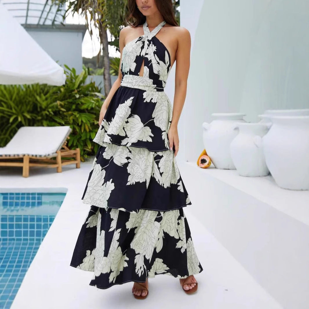 Spring Summer Women Clothing Sexy Print Tiered Dress Lace up Maxi Dress
