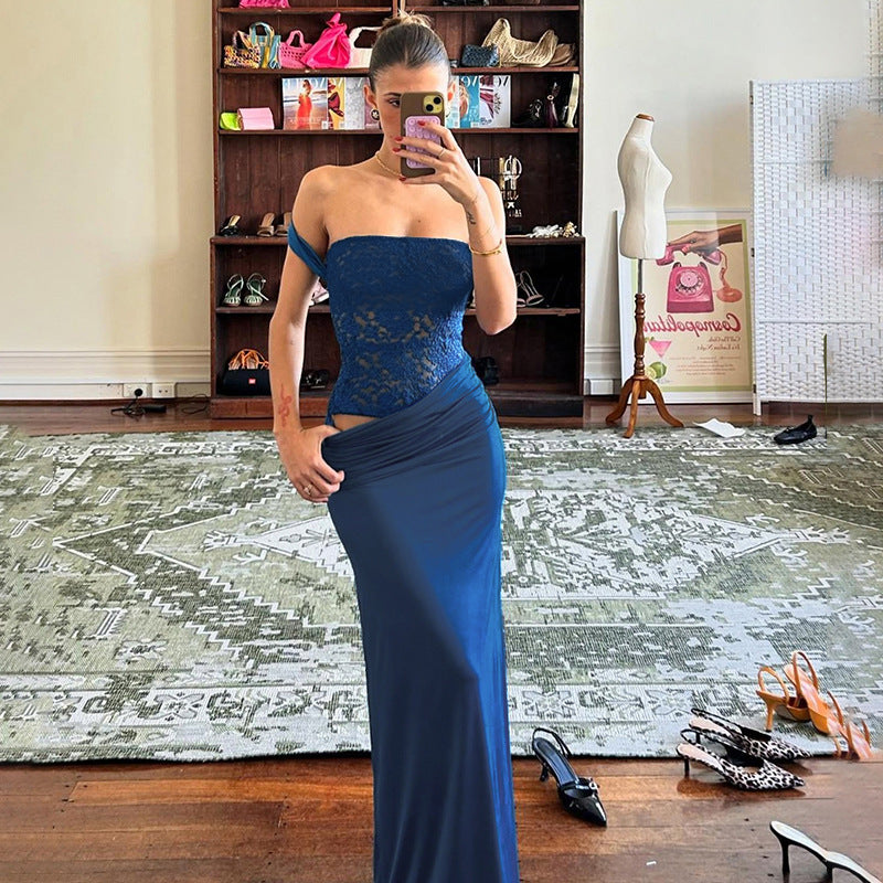 Fall Maxi Dress Elegant Slim Lace Stitching Sling Dress