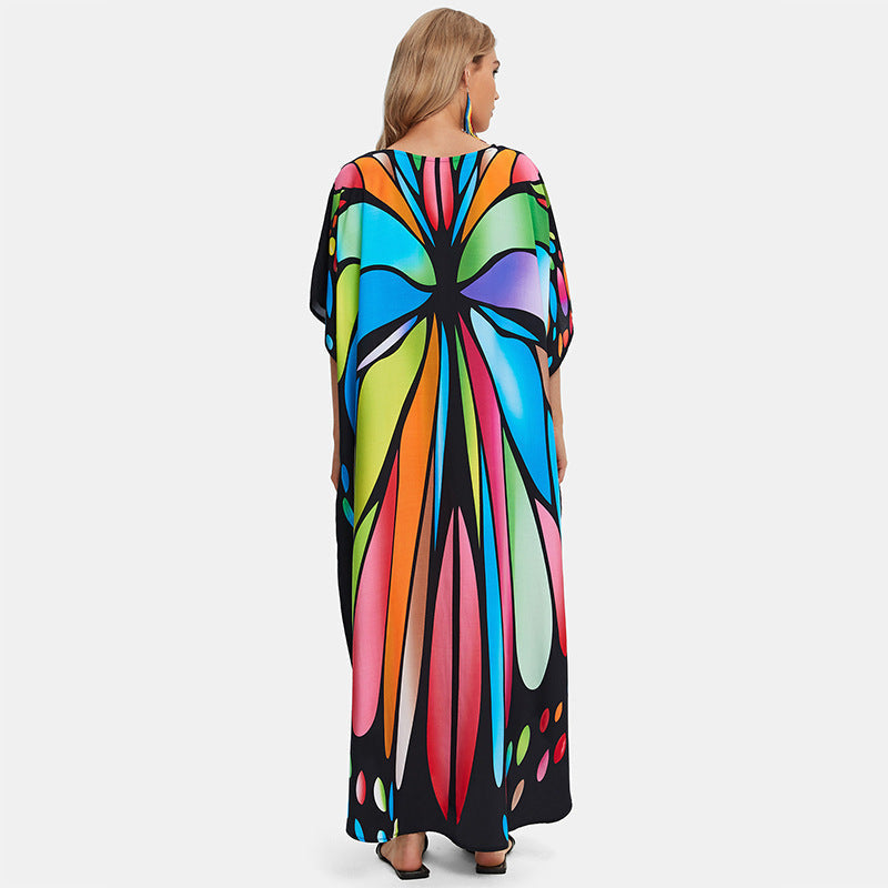 Rayon Printed Loose plus Size Robe Beach Cover up Vacation Maxi Dress Sun Protection Shirt Women