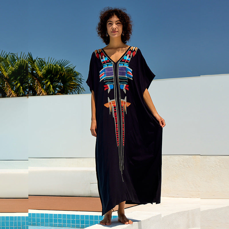 Rayon Embroidered Loose Maxi Dress Beach Jacket Vacation Maxi Dress Beach Cover Up