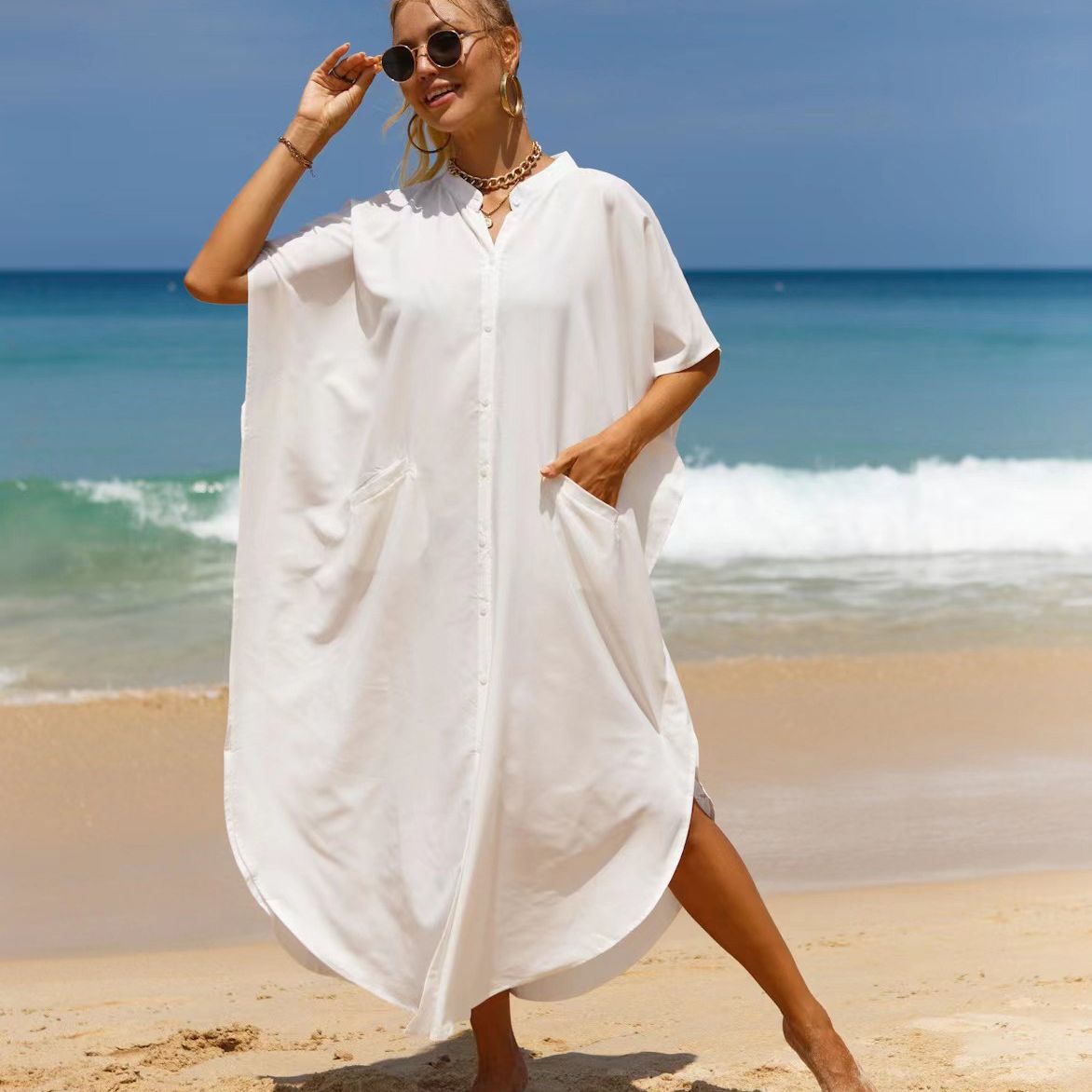 Cotton Shirt Sun Protection Cardigan Beach Cover Up Vacation Maxi Dress Bikini Swimsuit Outwear