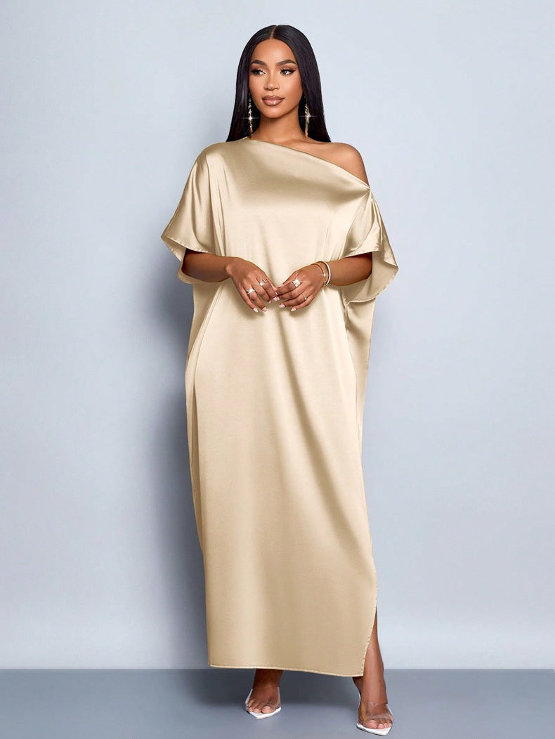 Women Clothing Early Autumn Satin Dress Yellow Satin Maxi Dress