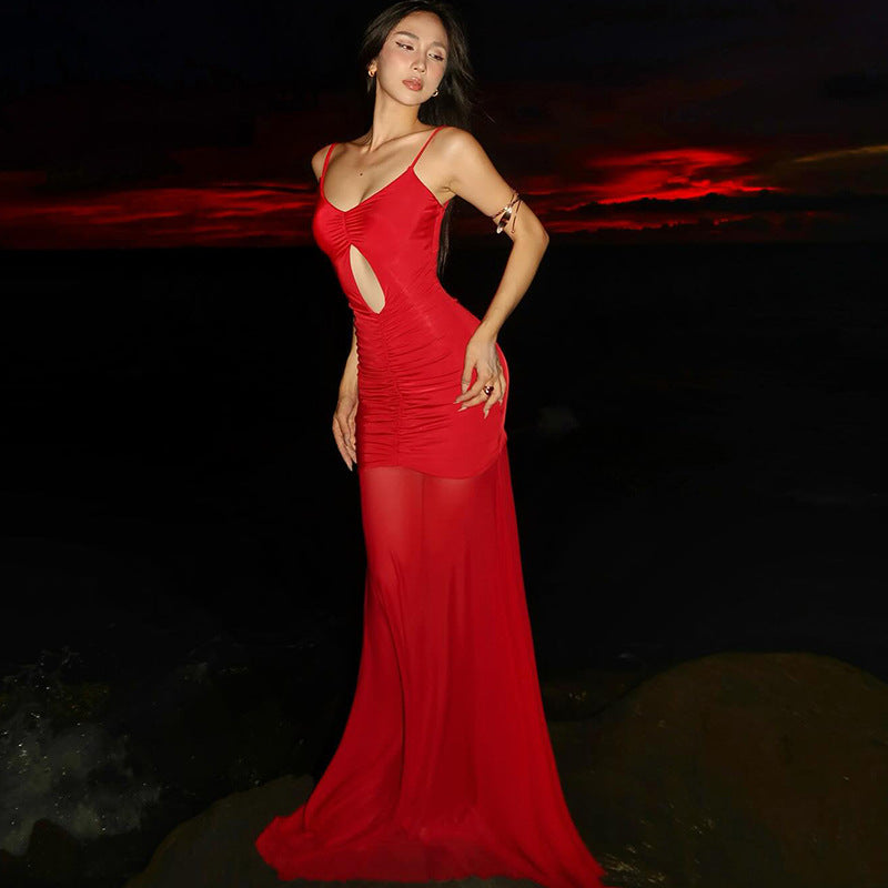 Summer Sexy Cutout Sling Maxi Dress Solid Color Mesh Dress Women