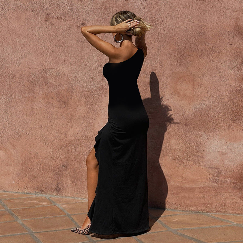 Spring Maxi Dress Elegant Sexy Slim One Shoulder Frill Ribbon Dress