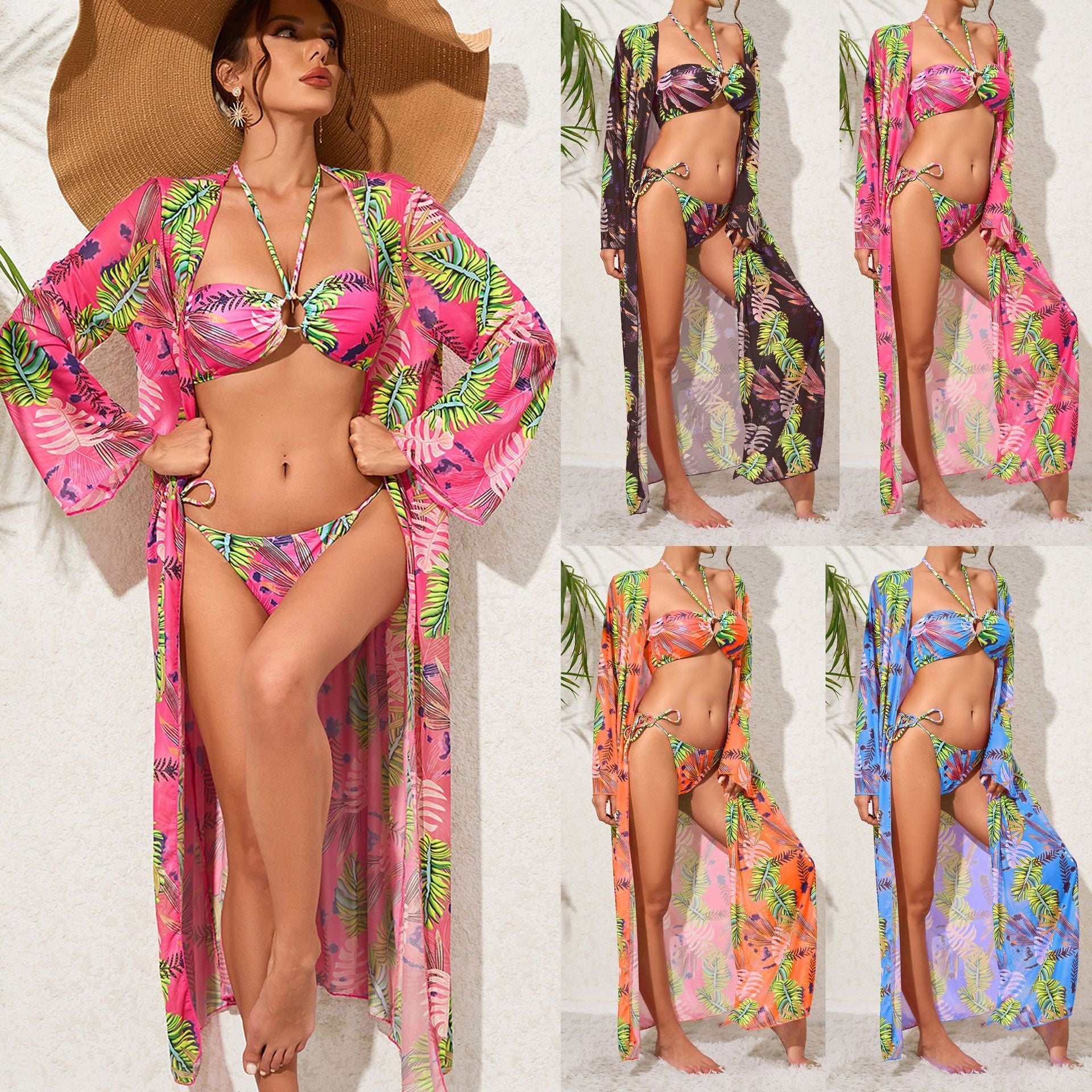 Bikini Women Split Three Piece Long Sleeve Long Blouse Bandage Swimsuit