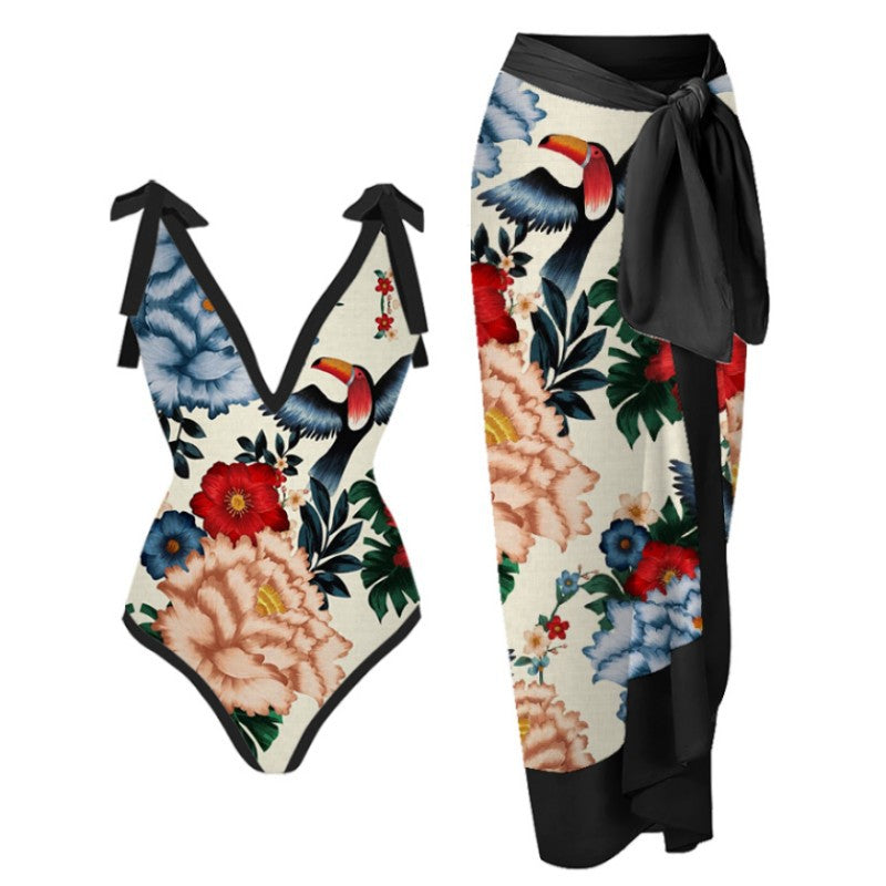 Women One Piece Swimming Sexy Print Two Piece Skirt Popular Swimsuit Bikini