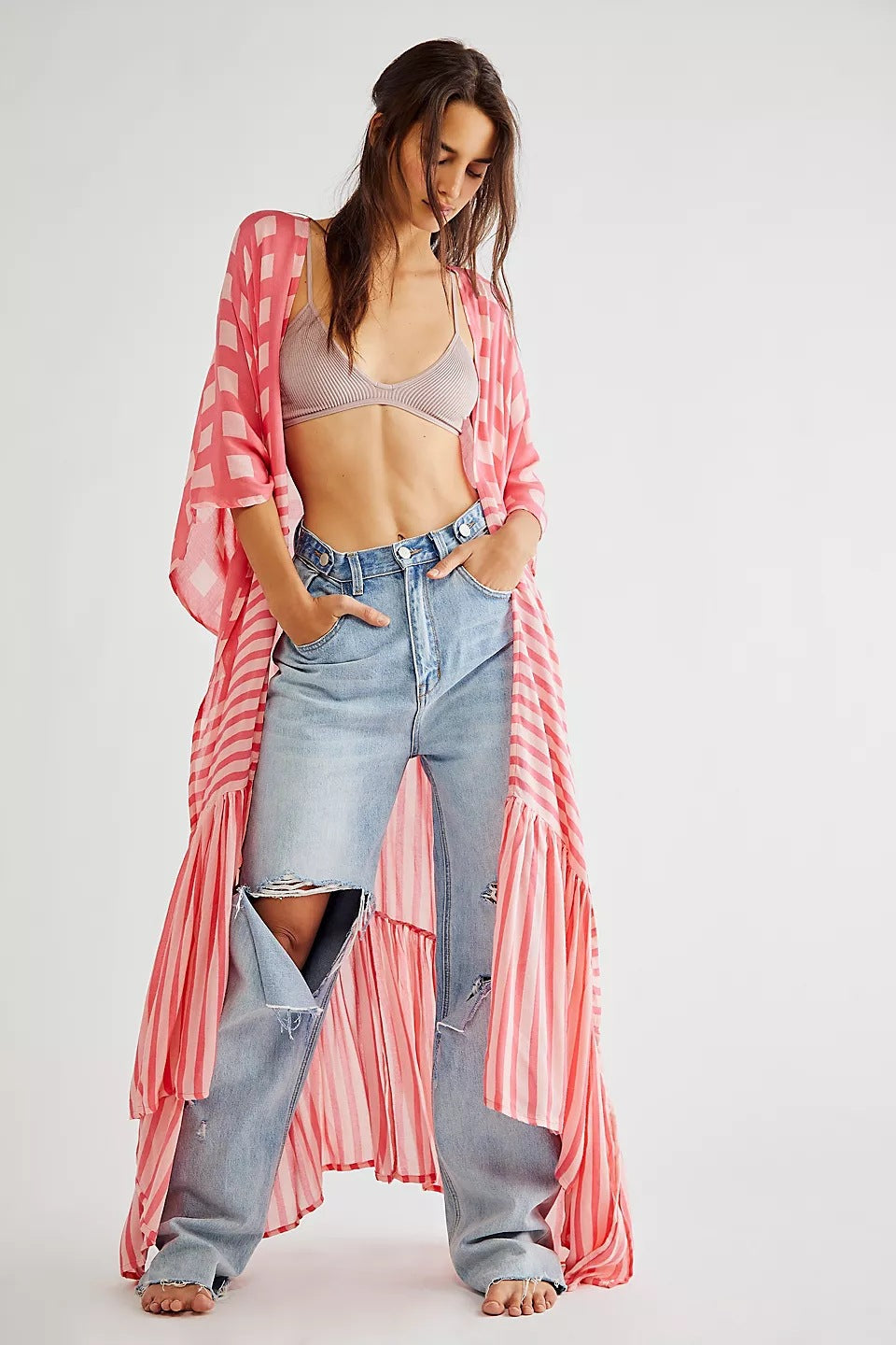 Rayon Plaid Vertical Print Cardigan Holiday Casual Beach Bikini Cover Attached Rope