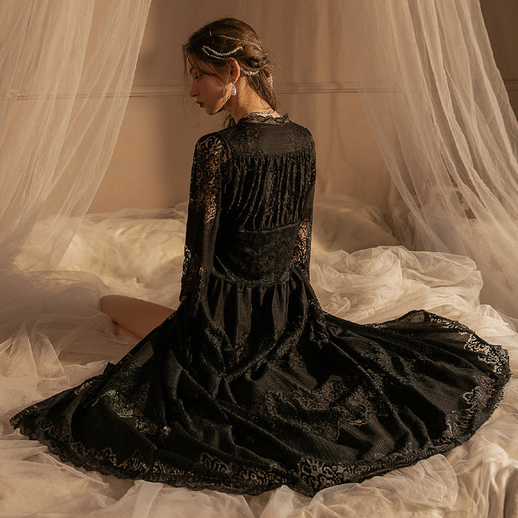 Emma Sheer Crochet Lace Maxi Dress - Black - Fashionpara