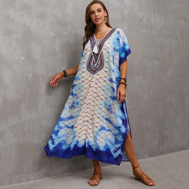 Rope Positioning Maxi Dress Loose Robe Seaside Vacation Beach Dress Bikini Swimsuit Blouse Women