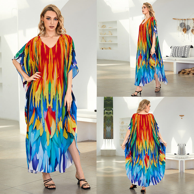 Rayon Printed Loose plus Size Robe Beach Cover up Vacation Maxi Dress Sun Protection Shirt Women