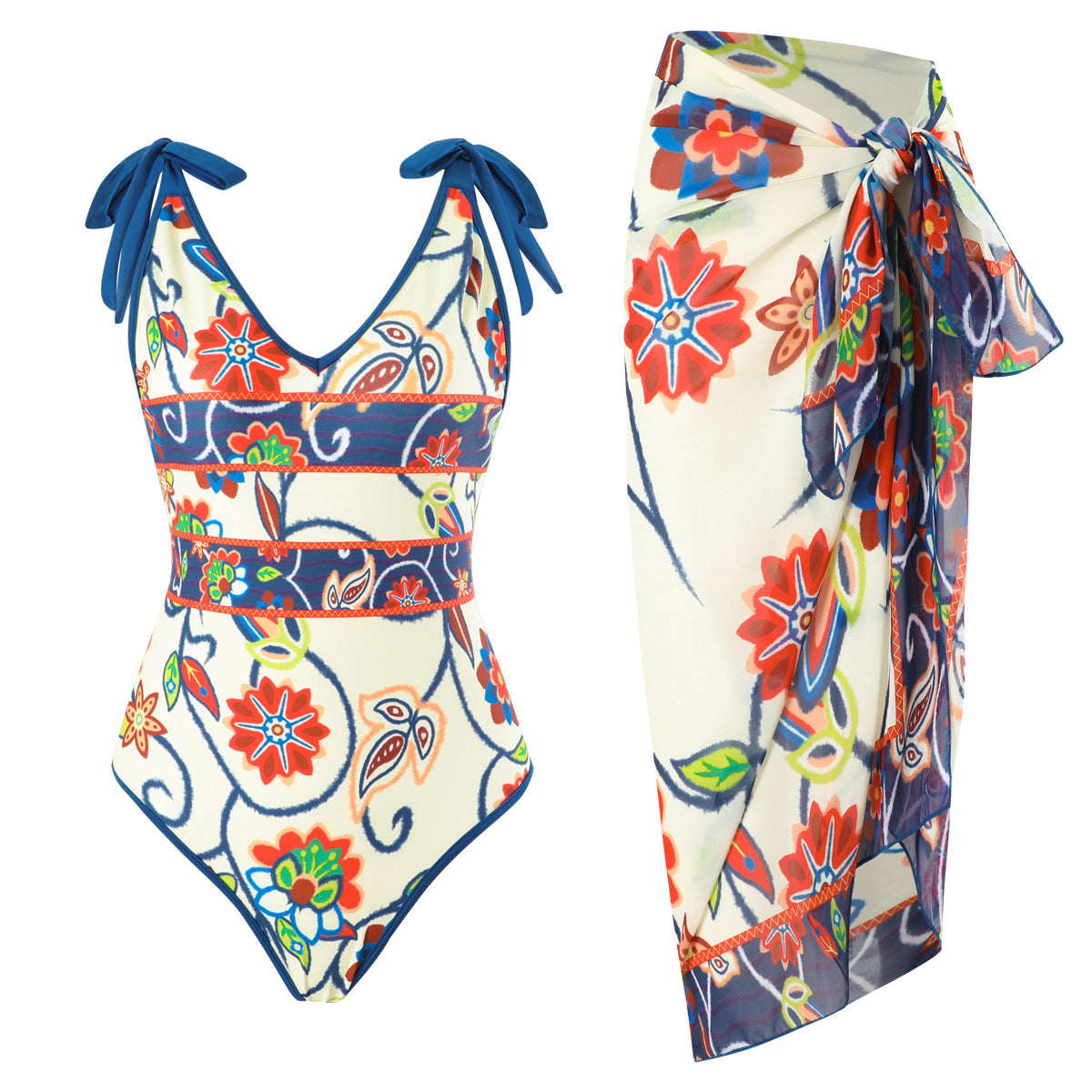 French One Piece Two Piece Set Swimsuit Digital Printing Sheath Gauze Skirt Conservative Swimwear Women