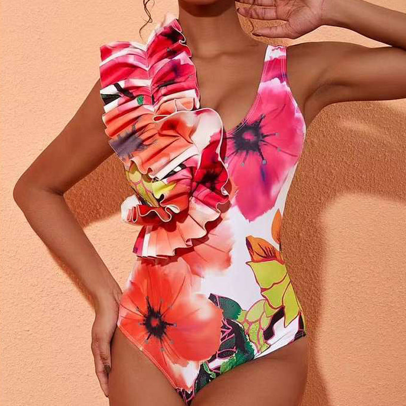 Sexy Swimsuit Women Bikini Flounce Printed Swimsuit Bikini Mesh Maxi Dress